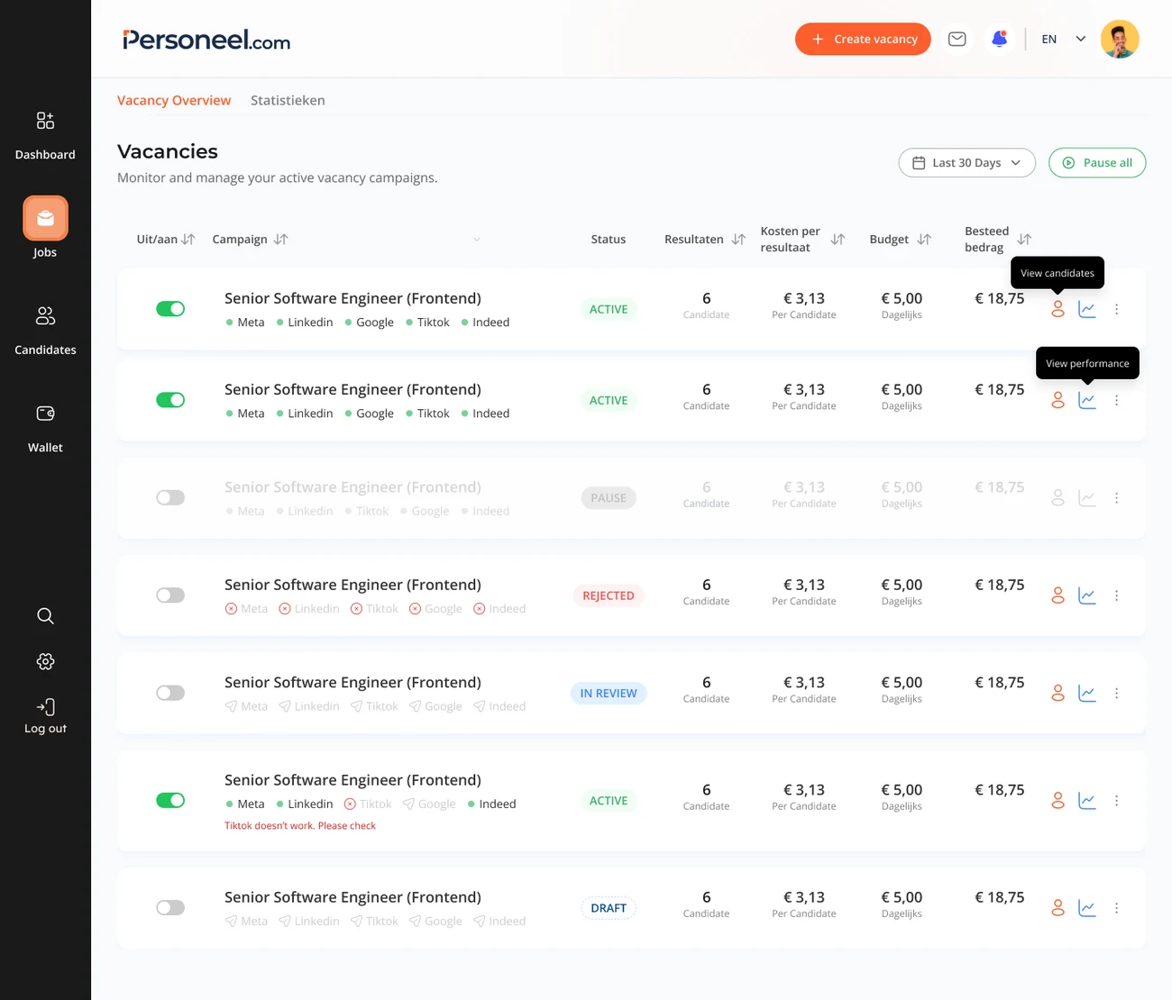 Campaign overview with metrics, campaign-level status, a TikTok channel error and row actions