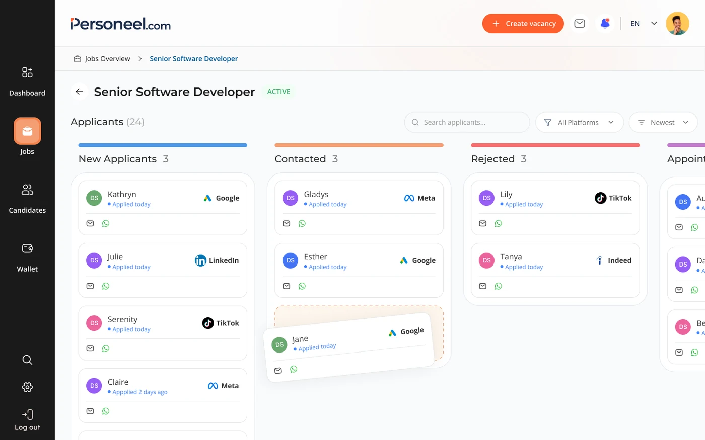 Candidates kanban board — applicants organised into New Applicants, Contacted, Rejected and Appointment columns