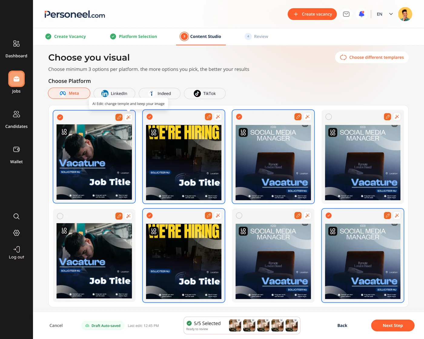 Content Studio iteration 3 — AI curator with eight pre-selected ad variants per platform, deselect to refine