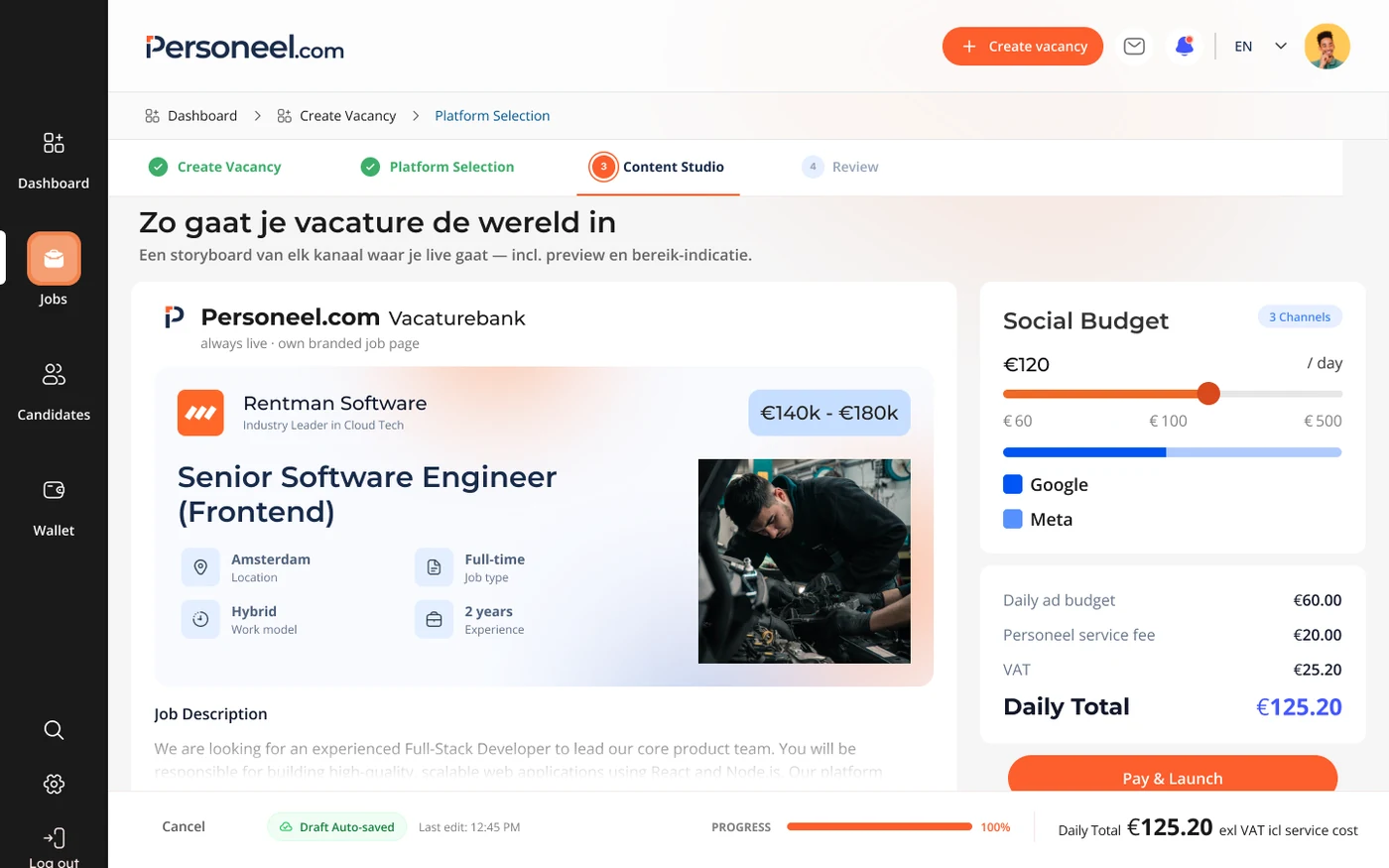 Review before launch — storyboard preview of the vacancy with an itemized social budget panel (daily ad budget, service fee, VAT, daily total) and Pay & Launch